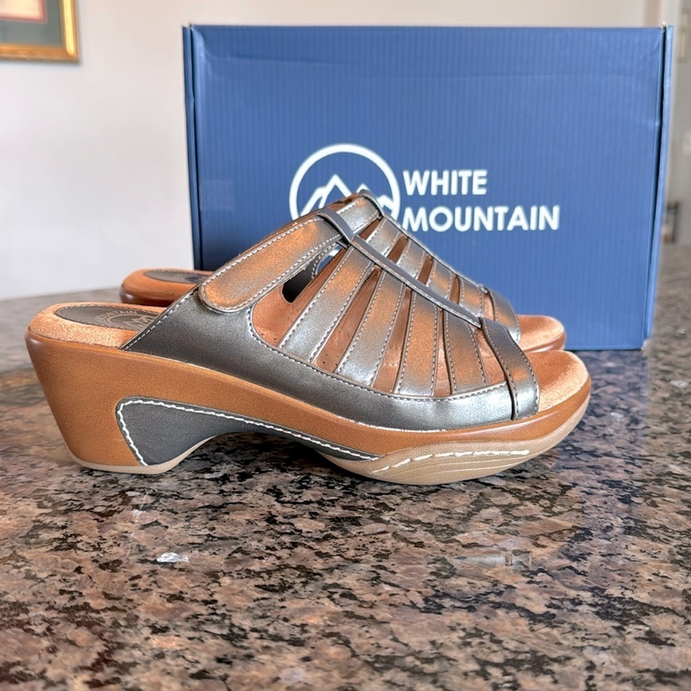 White Mountain pewter smooth metallic tone valencia mule sandal NIB 8M